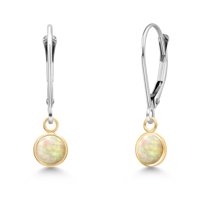 Gem Stone King 14K Two Tone Gold White Ethiopian Opal Earrings for Women | 0.60 Cttw | Gemstone October Birthstone | Round Cabochon 5MM