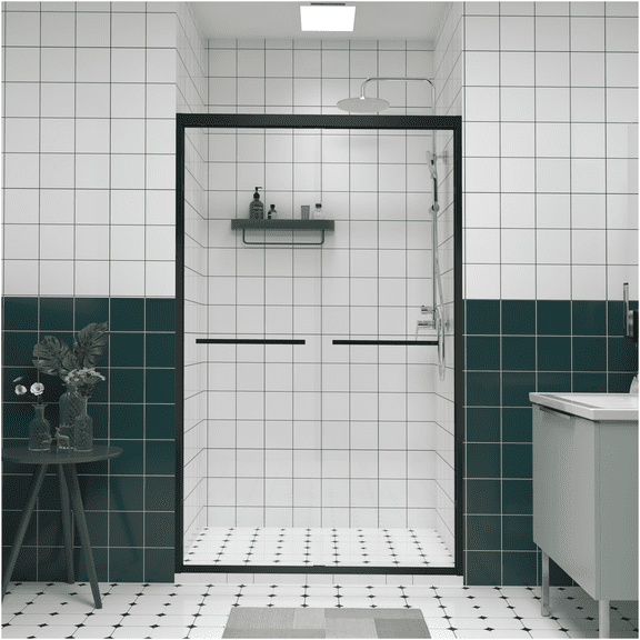 JERFIT 44-48" x 76" Matte Black Sliding Shower Door with 1/4" Tempered Glass, Double Bypass Bath Enclosure for Modern Bathrooms