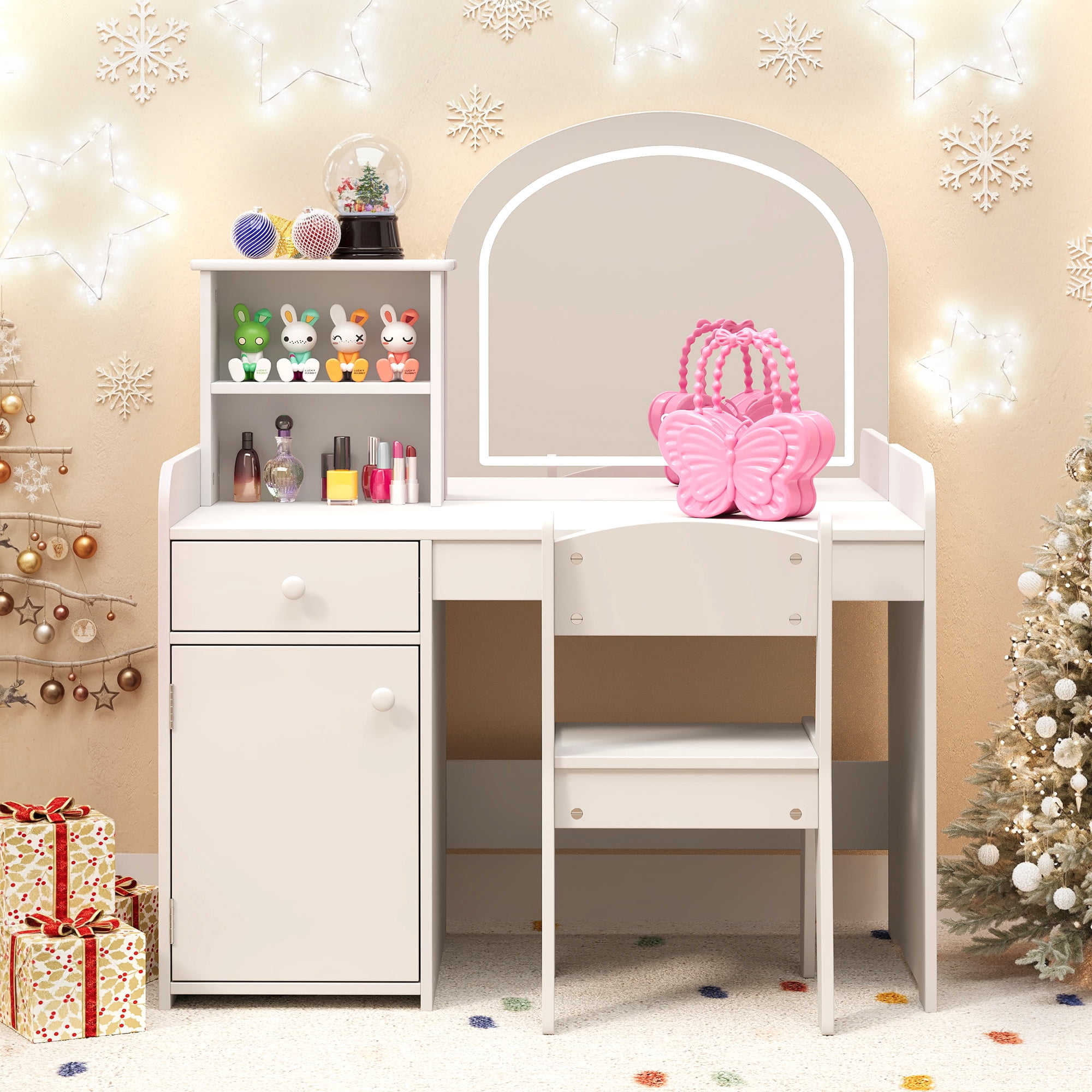 Lofka White Princess Kids Vanity Set with LED Lights & Stool | Makeup Dressing Table with Shatterproof Mirror, Storage Shelves & Cabinet | ASTM/CPSIA Safe for Girls 3+