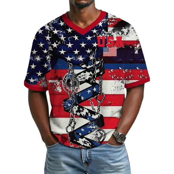 LNZGNM Men's 250 Anniversary USA Shirt Flag Color Print V-Neck T-Shirt Short Sleeve Patriotic Shirts Fashion Memorial Day Tee Shirts,Navy 2XL