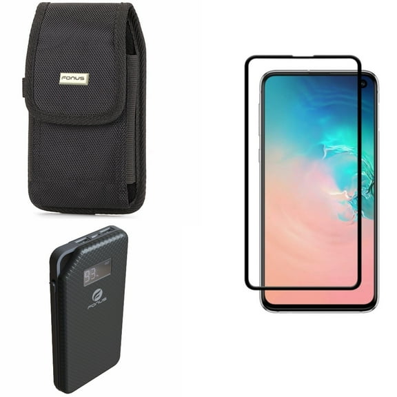 Galaxy S10e Power Bank w Screen Protector w Case Belt Clip - 10000mAh Charger Portable, Tempered Glass 5D Curved Edge, Rugged Holster Canvas for Samsung Galaxy S10e Phone