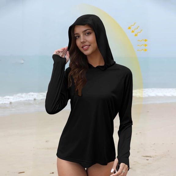 Oiangi Women's Hoodie Jackets with Brim Thumb Hole UPF 50  Sun Protection Workout Tops Long Sleeve Quick Dry Athletic Shirts Black M