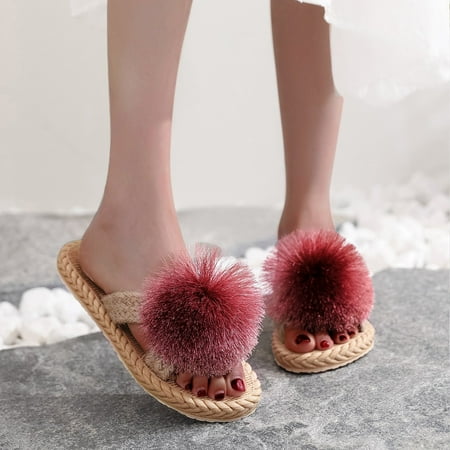 

Spring And Summer Imitation Straw Woven Women Flat Sandals And Flip Flops Fringe Ball Beach Slippers