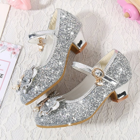 Aayomet Toddler Little Kid Girls Dress Pumps Glitter Sequins Princess Bowknot Low Heels Party Dance Size 3 Shoes Girls,Gray 10 Little Kid
