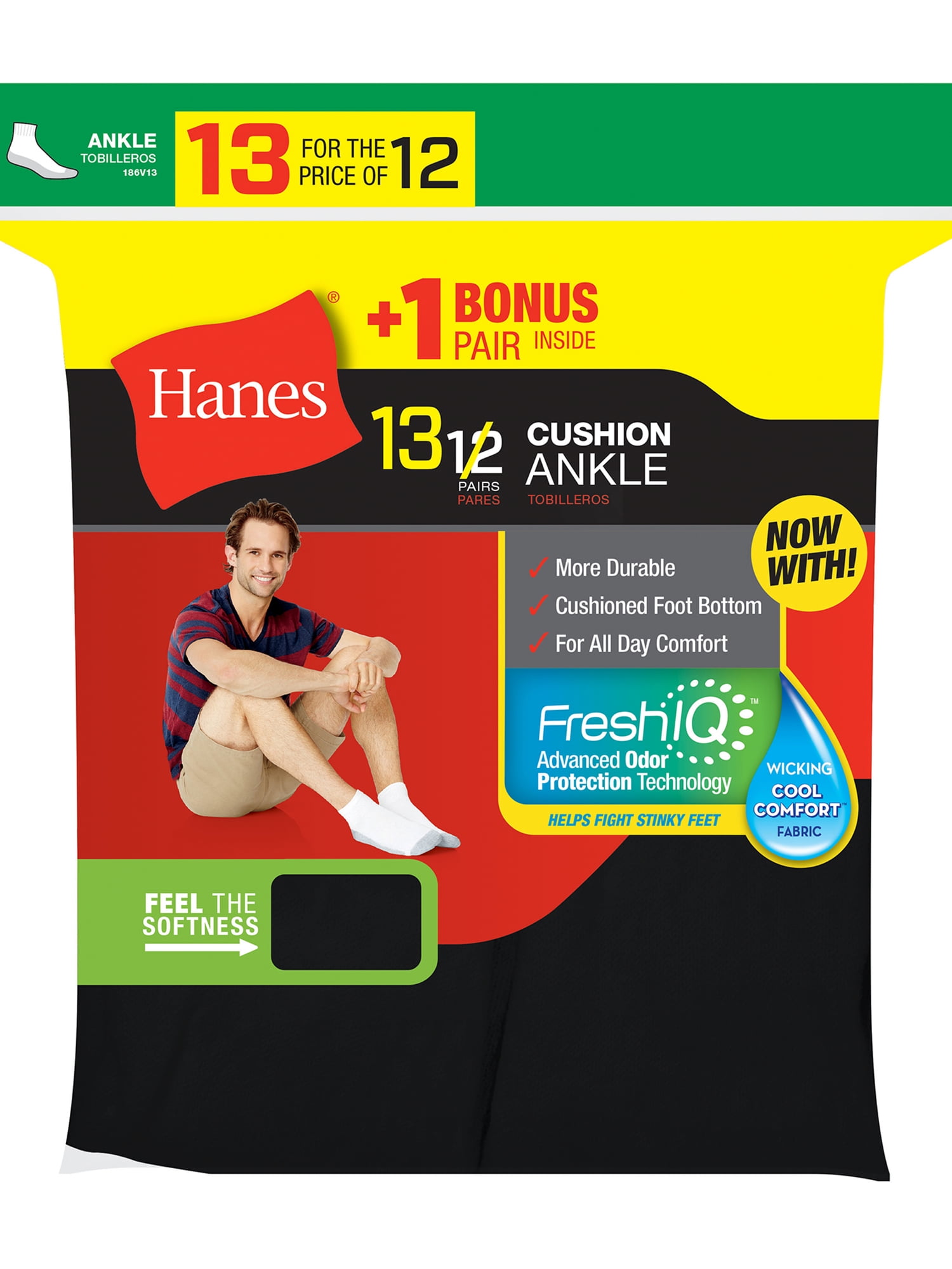 Hanes Men's Cushion FreshIQ X-Temp Ankle Socks, 12 + 1 Bonus Pack