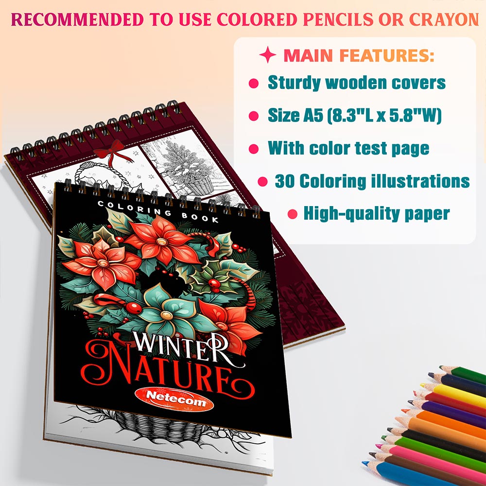 Netecom Winter Nature Coloring Book Spiral Bound for Adults, A5 Wooden Cover, 30 Beautiful Coloring Pages of Various Flowers for Stress Relief and Relaxation