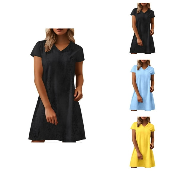 Tshirt Dress Women Summer Plus Size Short Sleeve V Neck Loose Fit Cotton Linen Mini Dresses T Shirt Dresses for Women