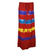Mogul Womens Red Tie Dye Maxi Skirt Crinkle Cotton Blend Bohemian Fashion A-Line Long Skirts