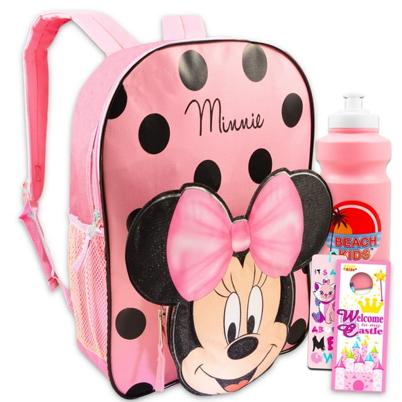 Disney Minnie Mouse Backpack for Toddlers ~ 12"" Minnie Mouse School Bag with 3D Ears and Bow Water Bottle and More (Minnie Mouse School Supplies Bundle)