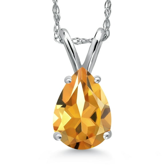 Gem Stone King 14K White Gold Yellow Citrine Pendant Necklace for Women | 1.11 Cttw | Gemstone November Birthstone | Pear Shape 8X6MM | With 18 inch Chain