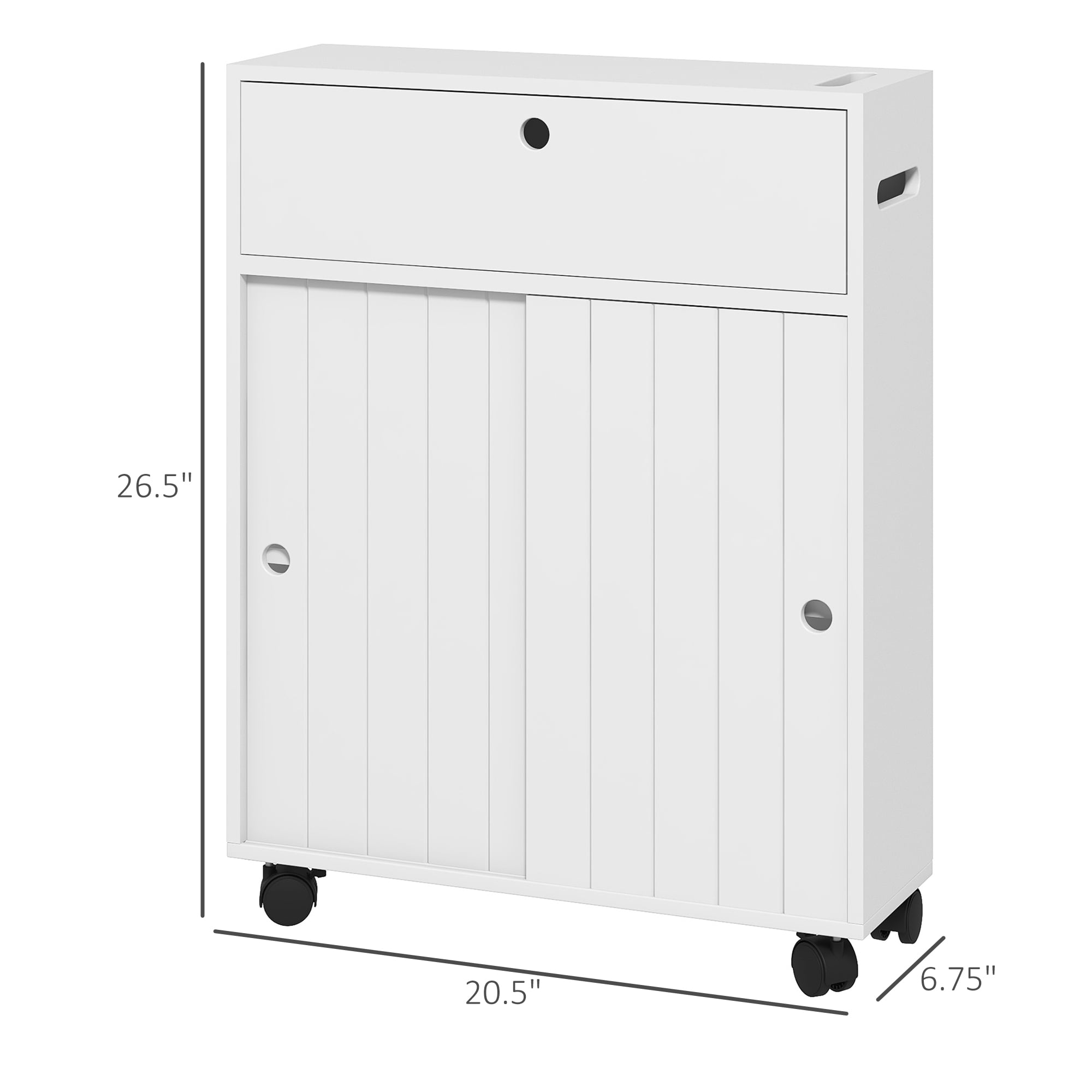 kleankin Small Bathroom Storage Cabinet on Wheels, Slim Toilet Paper Cabinet with 2 Holes, Sliding Doors and Adjustable Shelf, White