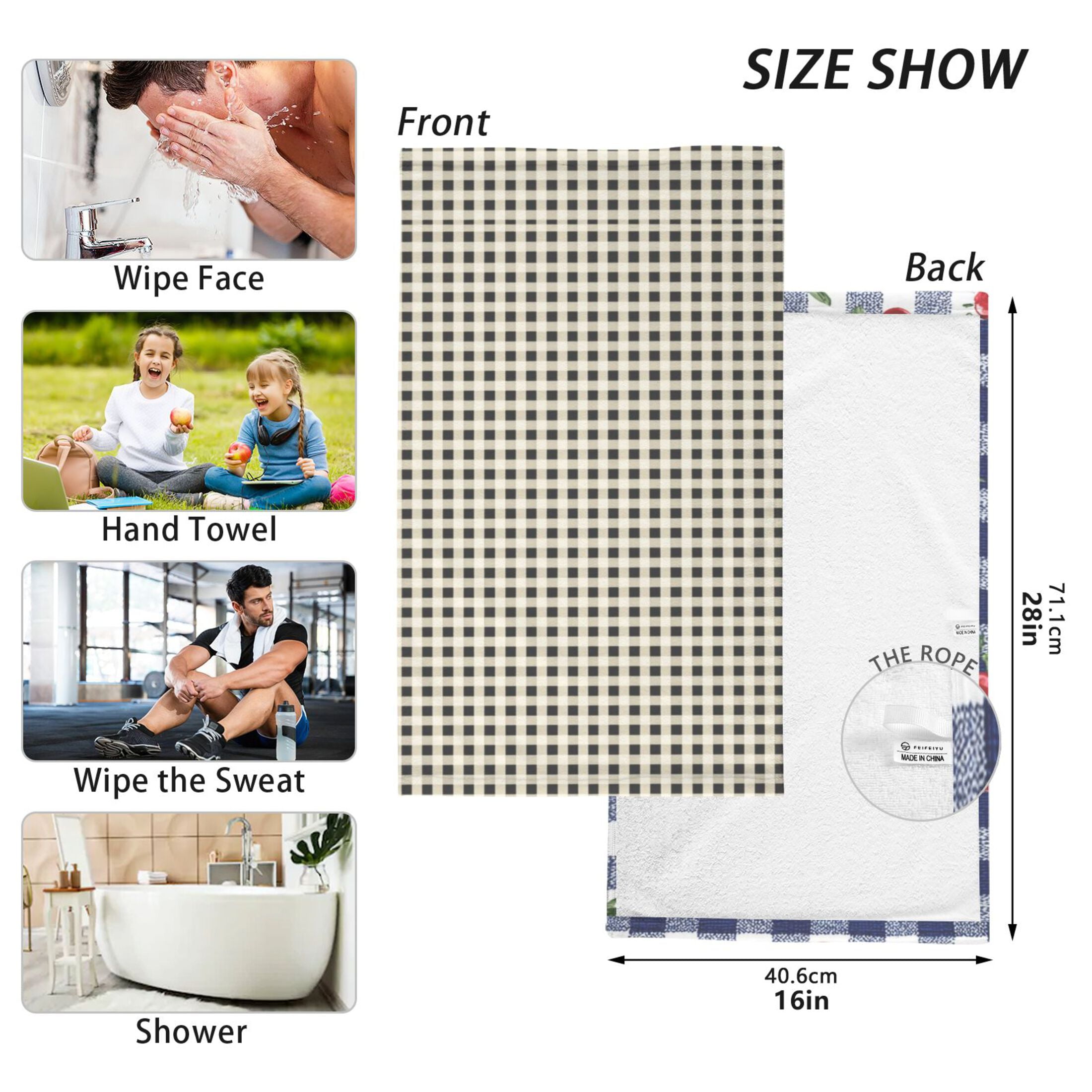 2-Pack Soft 100% Cotton & Highly Absorbent Bath Towel 2 Defferent Pattern Designs Cherry Checkered Tiny Black White Checkered Squares