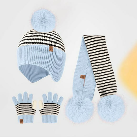 ZHOGXU Winter Beanie Hat Scarf Gloves Set For Big Kids Girls Boys Striped Print Caps Long Scarf Touchscreen Gloves Knitted Warm Comfortable Outfits 3 Pack For Daily Wear Light Blue One Size