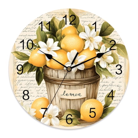12 Inch Lemon Wall Clock, Watercolor Fruit Vintage Battery Operated Silent Non Ticking Clocks, Easy to Read Round Wall Clock for Kitchen/Living Room/Bedroom/Bathroom