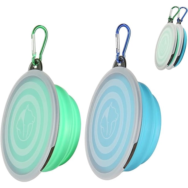 Cuenco plegable con tapas, paquete de 2 cuencos de viaje para perros, cuenco portátil plegable para agua para gatos, para caminar, acampar, azul claro y verde, 350 ml de diámetro, 13 cm