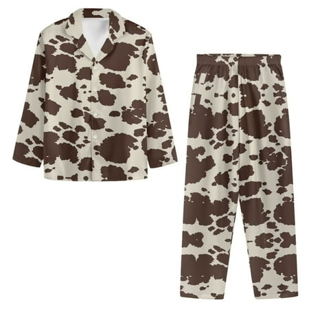 

NETILGEN Brown Cow Print Skin Friendly Womens Button Down Pajama Sets Long Sleeve Pj Set for Women Button Down 2 Pcs Set Womens Button Down Pajama Gown Lounge Wear
