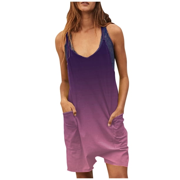 Gibobby pantalones siameses color liso Mono informal de verano con cuello en V y tirantes para mujer(Morado, M)