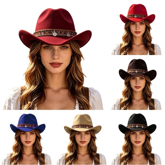 Zijinkuiwen Unisex Cowboy Hat with Woven Ethnic Band and Multi‑Medallion Coin Ornament for Western Themed Party Cosplay Country Music Festival Gathering,Wine,One Size