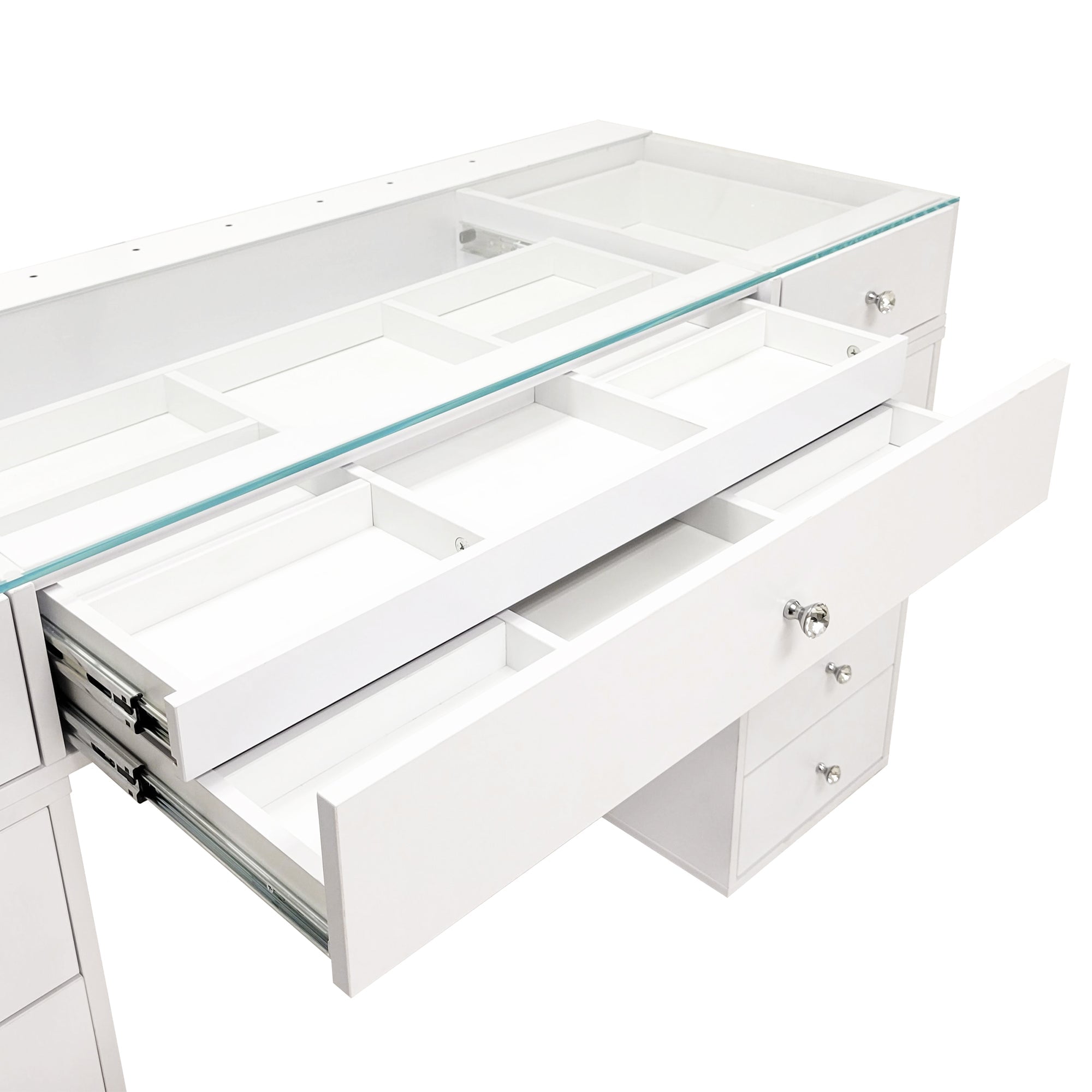 Impressions Vanity Naomi Desk with Mirrored Glass Top, Makeup Set & 10 Storage Drawers, White