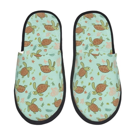 Balery Cute Sea Turtles Slient Indoor Furry Fleece Comfort House Shoes Soft Non-Slip Home Shoes Cotton slippers House Slippers-- Large