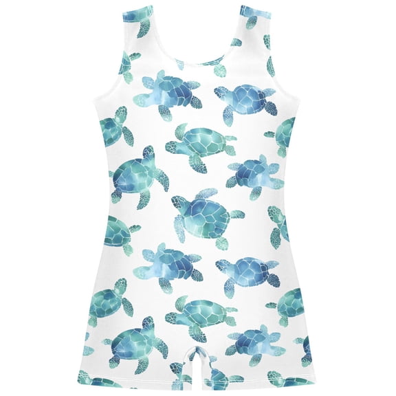Gymnastics Leotard Sleeveless Watercolor Sea Turtle White Stretchy Dance Bodysuit Breathable Athletic Ballet Yoga Outfit for Ages 3-14