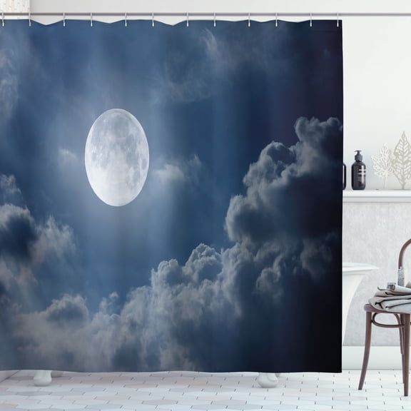 Ambesonne Moon Shower Curtain, Night Skyline Full Moon, 69"Wx75"L, Dark Blue White