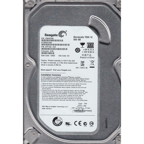 ST3500413AS, Z2A, SU, PN 9YP142-516, FW JC45, Seagate 500GB SATA 3.5 Hard Drive