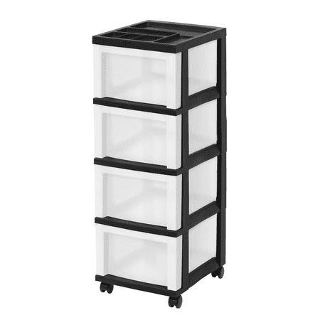 YANGXUN 4-Drawer Narrow Rolling Plastic Storage Cart with Divided Organizer Top Black