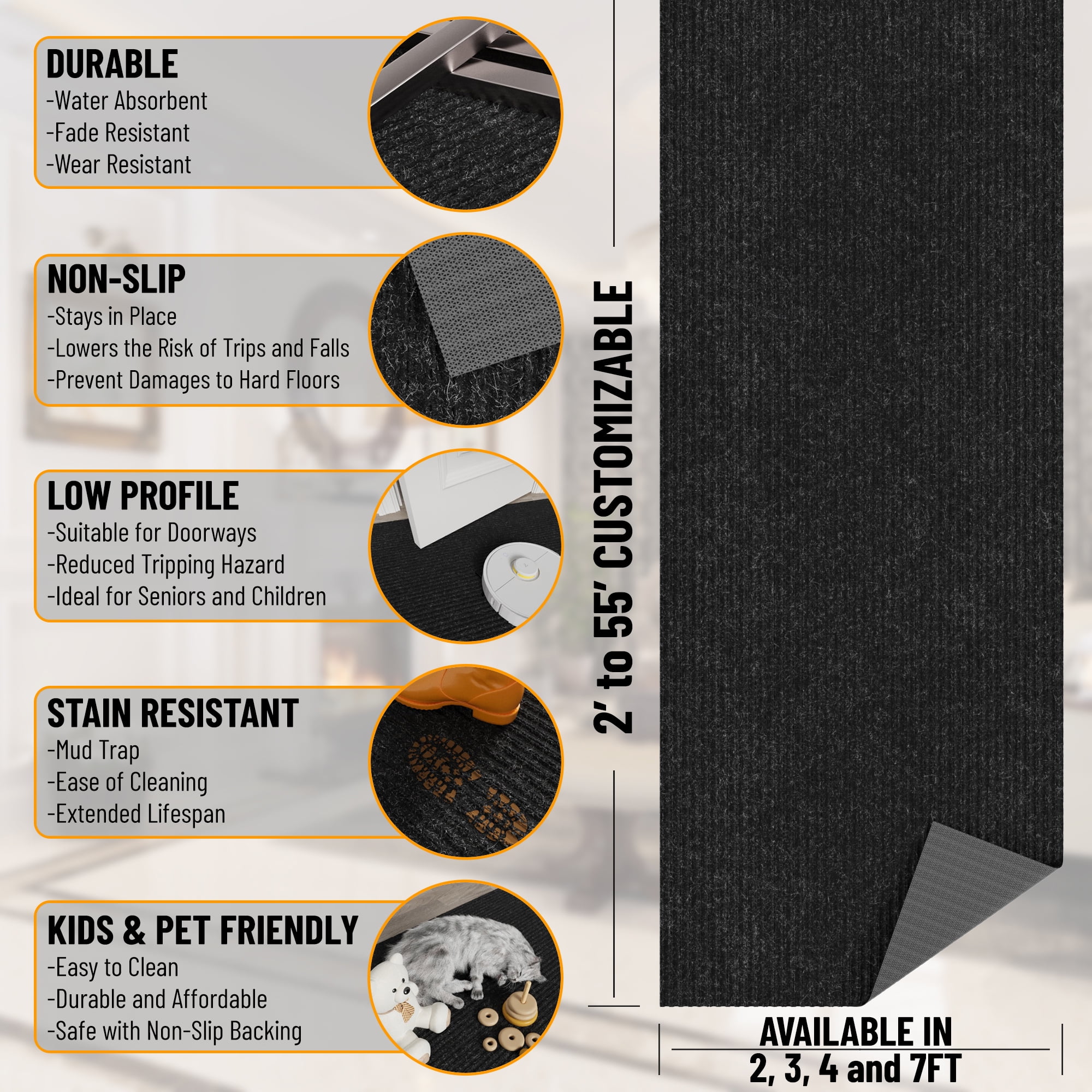 Ottomanson Non-Slip Hallway Runner Rug 6'6" x 27' Indoor/Outdoor Custom Size Utility Carpet for Garage, Black Ribbed