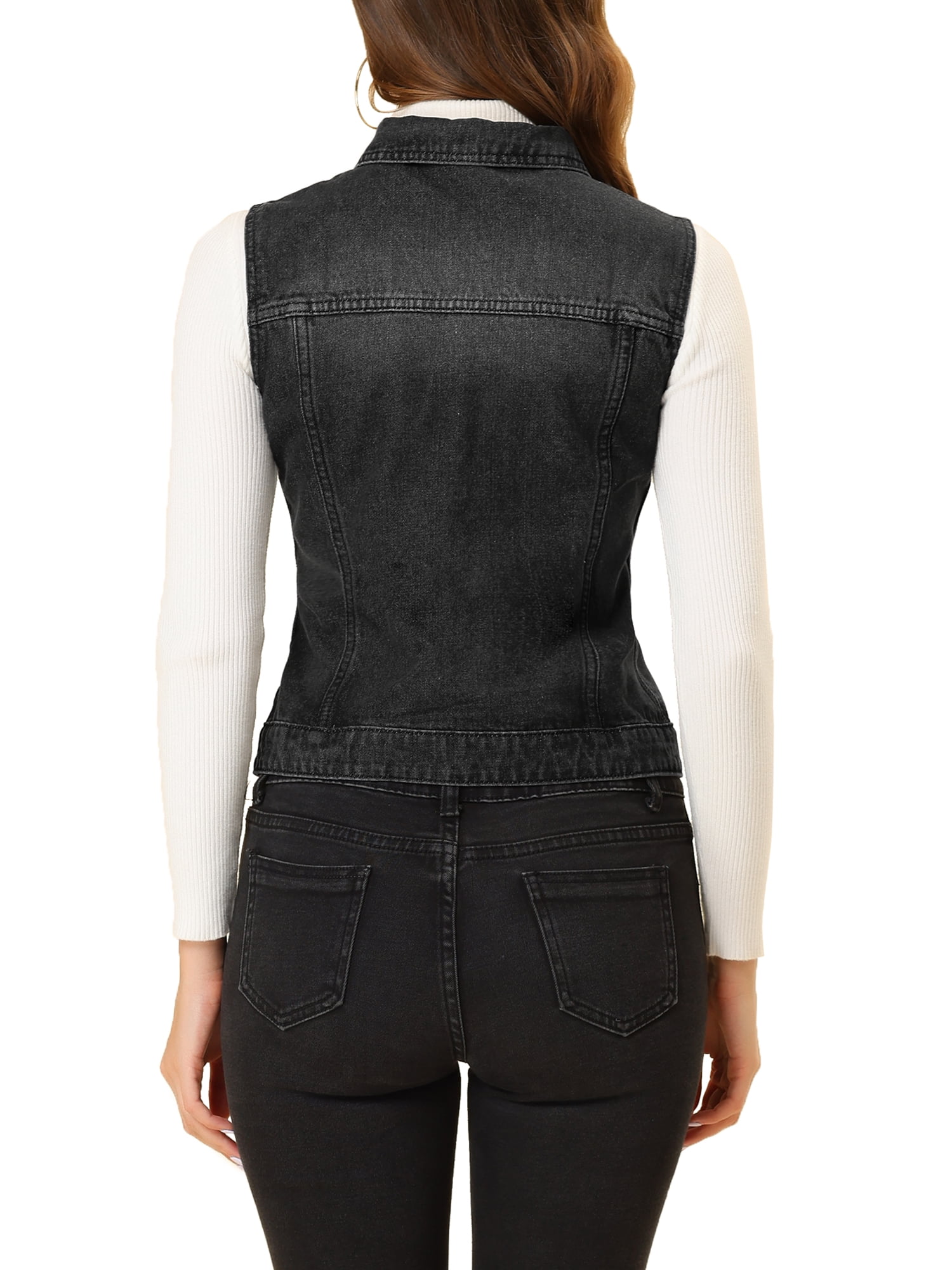 DARING DIVA Women's Denim Sleeveless Flap Pockets Vest Jacket S Black