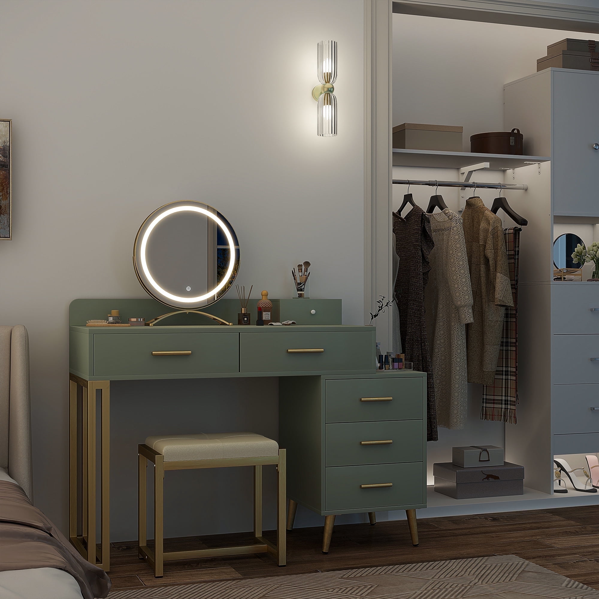Homieasy Vanity Desk with Mirror and Lights, Modern Makeup Vanity Table Set with 6 Storage Drawers and Cushioned Stool for Bedroom, Dressing Table with Divided Organizers for Women, Cyan