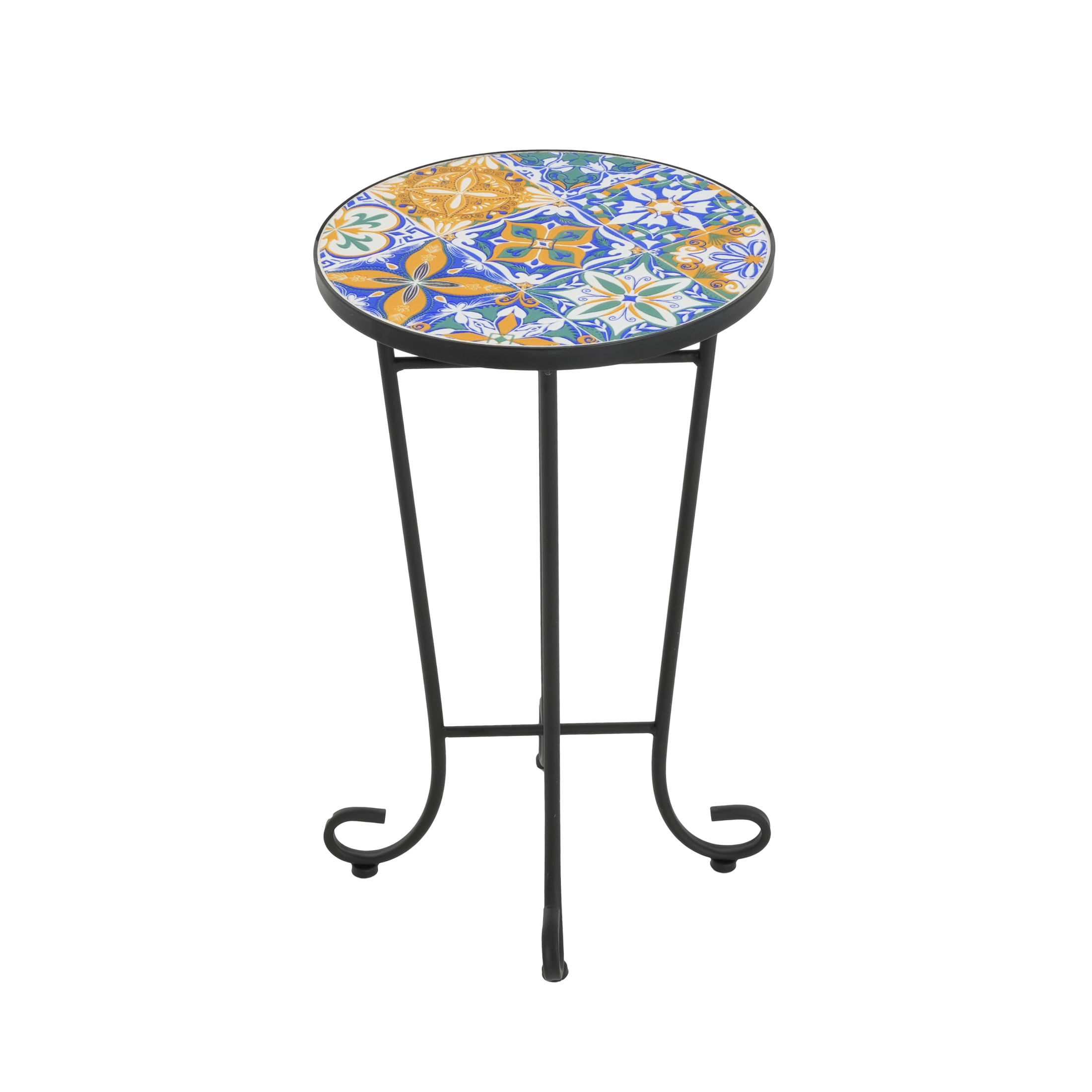 Elevate Outdoor Patio Round Side Table, Ceramic Tile, Iron, Black + Colorful