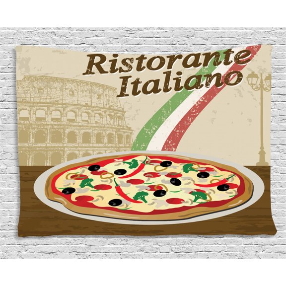 Pizza Tapestry, Ristorante Italiano Concept with Vintage Grunge Style Print with Pizza and Collosseum, Wall Hanging for Bedroom Living Room Dorm Decor, 60W X 40L Inches, Multicolor, by Ambesonne