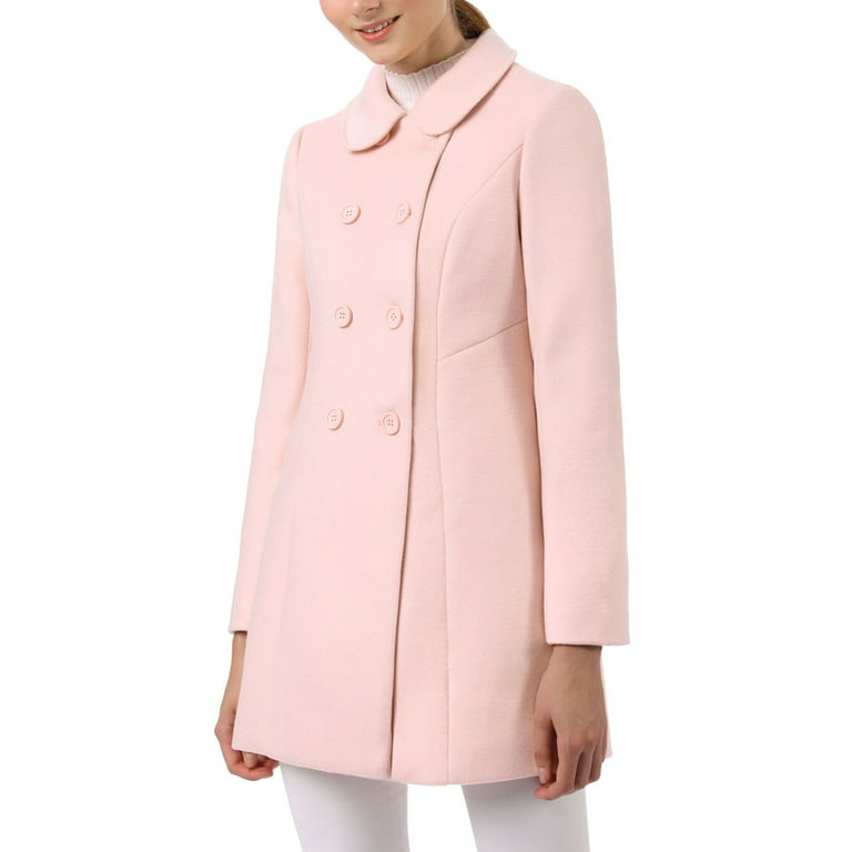 Unique Bargains Women's Peter Pan Collar Double Breasted Winter Trench Coat  M Pink
