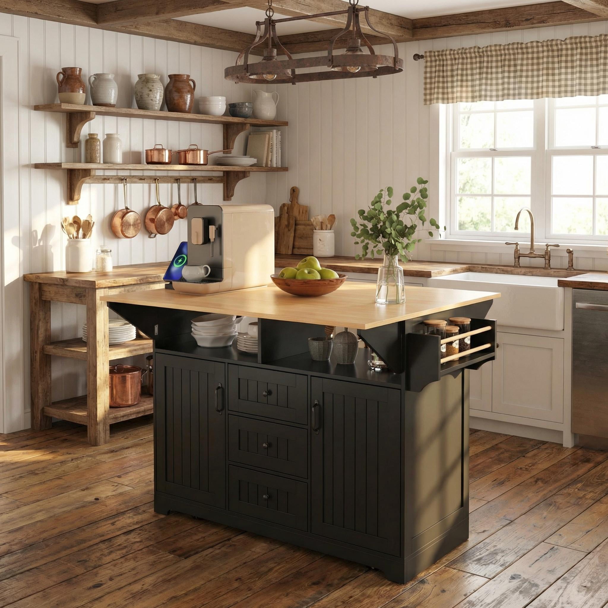 Homy Casa 55.7" Folding Kitchen Island with Power Outlet, Dual Drop Leaves and Storage Drawers