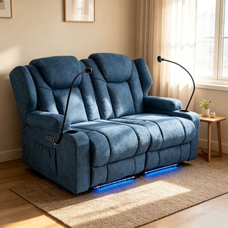 ROOMARK Massage Loveseat Power Recliner Sofa with Cup Holders & Storage Pockets, Wall Hugger Reclining Loveseat for Living Room, RV, Home Theater, Blue (Leathaire, Loveseat)