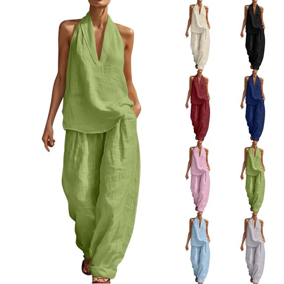 Two Piece Casual Outfits For Women V Neck Sleeveless Halter Wide Leg Pants Lightweight Loose Comfy Sets (XL, Green)