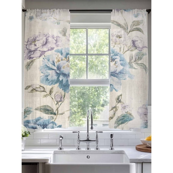 Blue Purple Floral Sheer Curtains for Living Room Bedroom Vintage Botanical Burlap Sheer Curtains 63 Inch Long 2 Panels Set Light Filtering Curtain Window Treatments Drapes for Dining Room