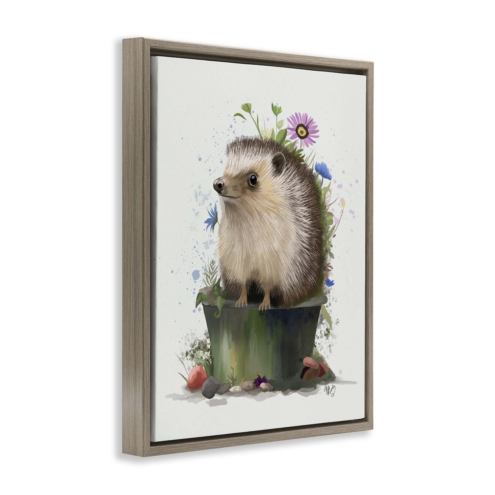 Stupell Industries Hedgehog in Gardening Pot Animals & Insects Painting Brown Floater Framed Canvas Art Print Wall Art, 25 x 31