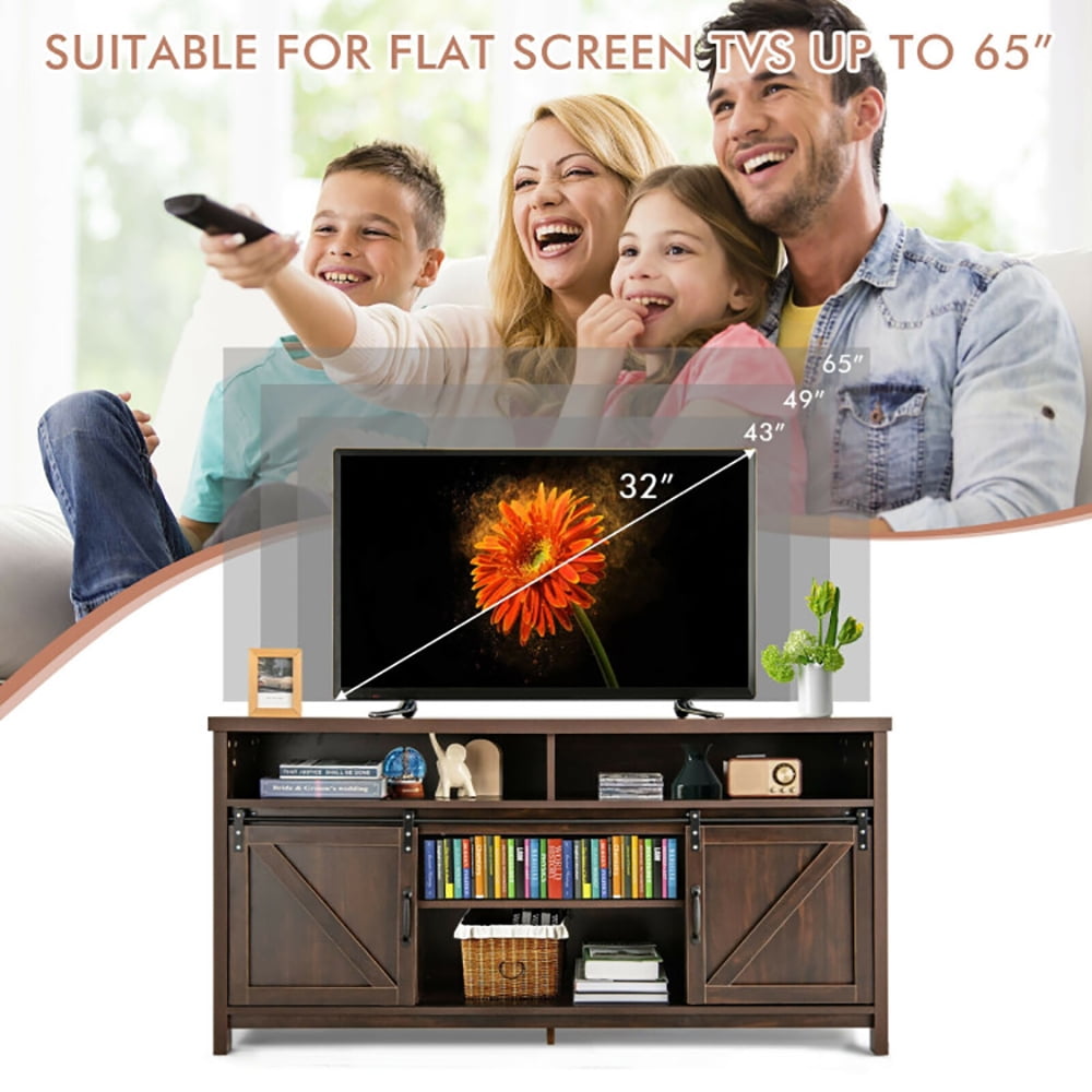 Finihen TV Stand, TV Cabinet, 59 Inch Sliding Barn Door TV Stand with Adjustable Shelves for TVs up to 65 Inch, for Living Room, Bedroom, Brown