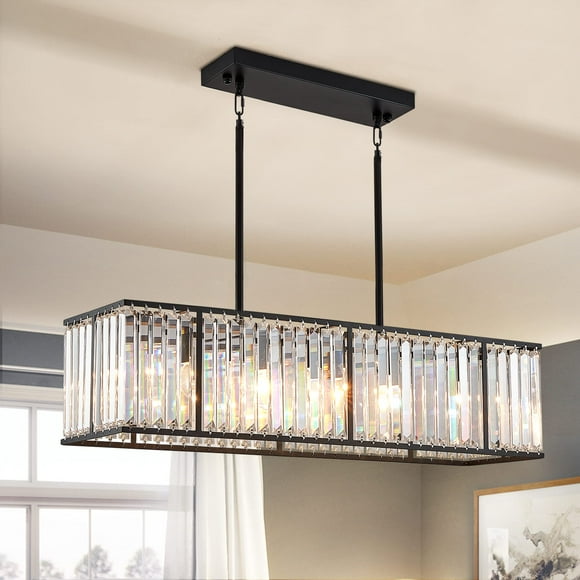 Siljoy Modern Rectangular Crystal Chandelier, 5 Lights Black Rectangle Raindrop Chandelier Lighting, Industrial Linear Pendant Ceiling Light Fixture for Dining Living Room Kitchen Island L33.5''
