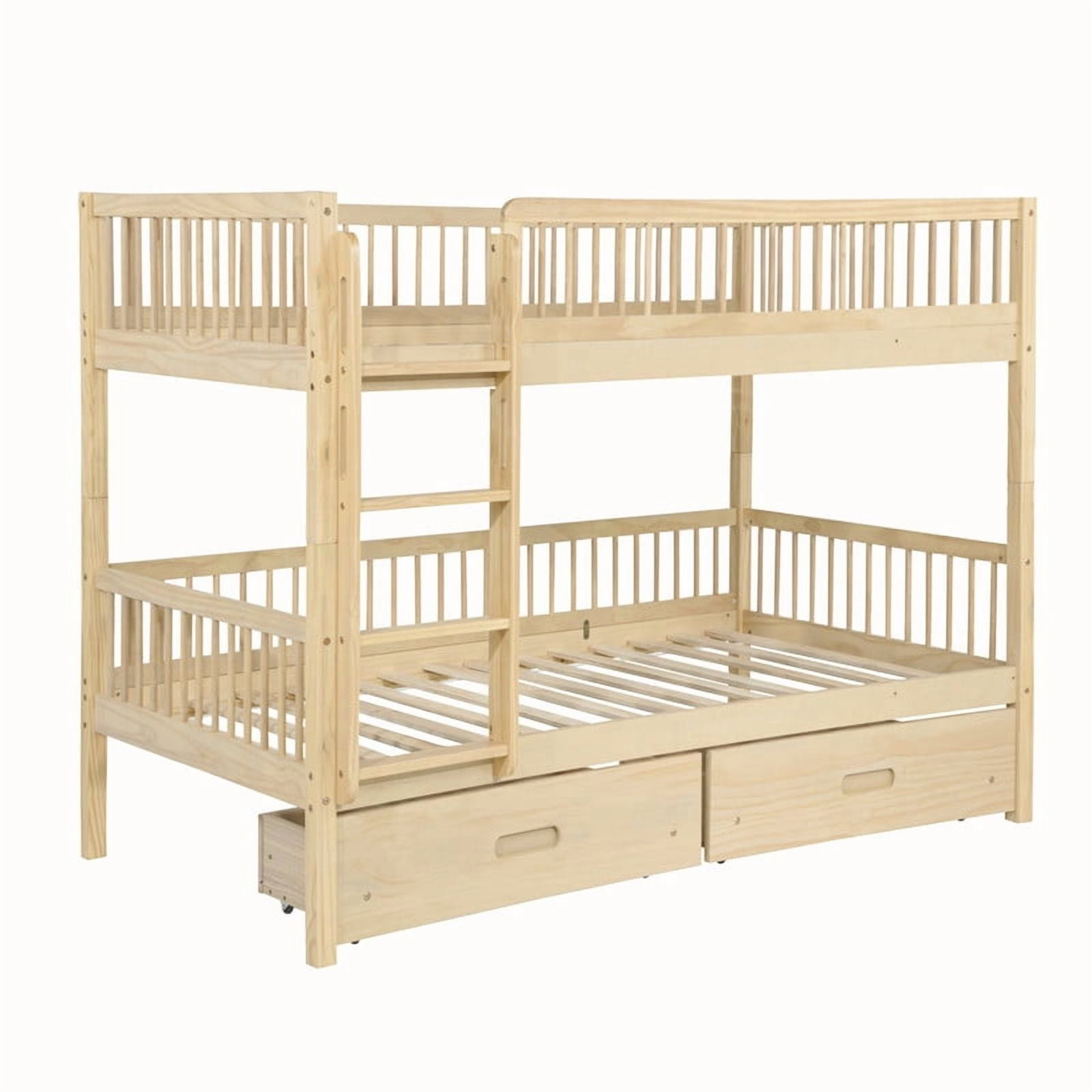Twin-Over-Twin Wood Bunk Bed Convertible into 2 Platform Beds, Kids Storage Bed Frame with 2 Drawers, Ladder & Safety Guardrails