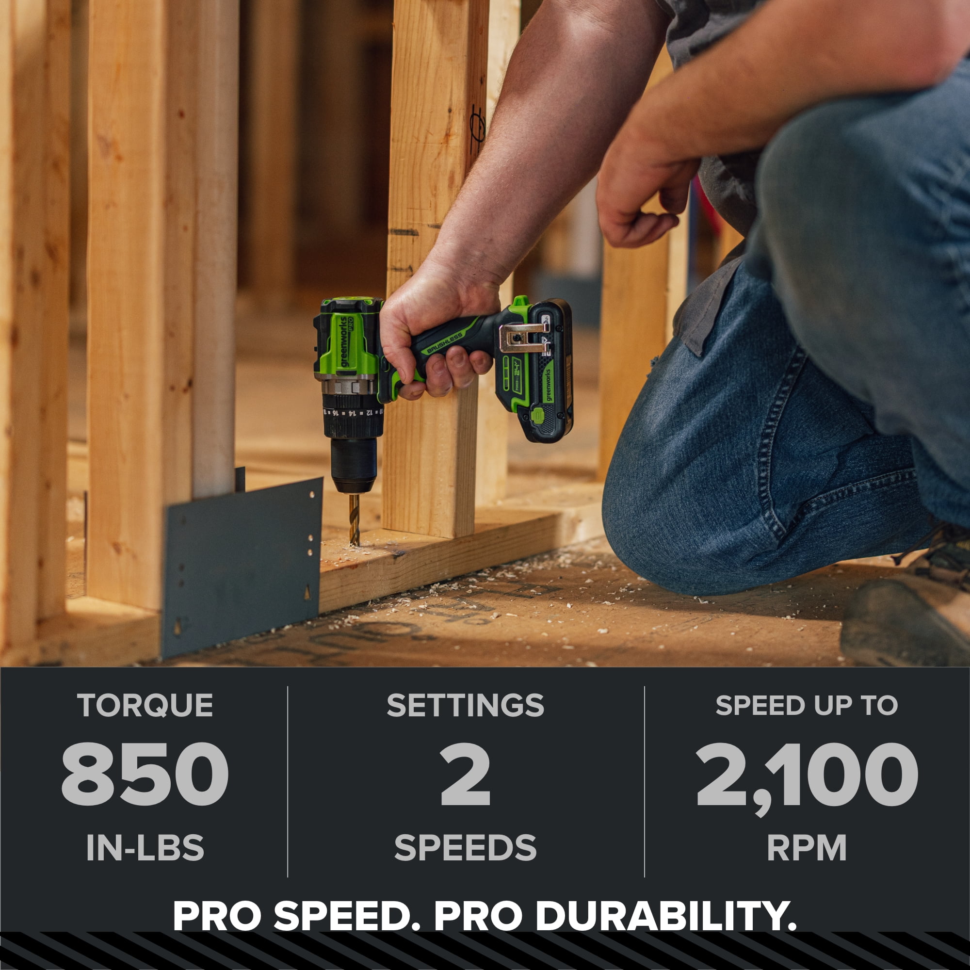 Greenworks Pro 24V 850 in-lb 1/2" Hammer Drill, with 2.0 Ah Battery and Charger, PowerAll, HD595A1