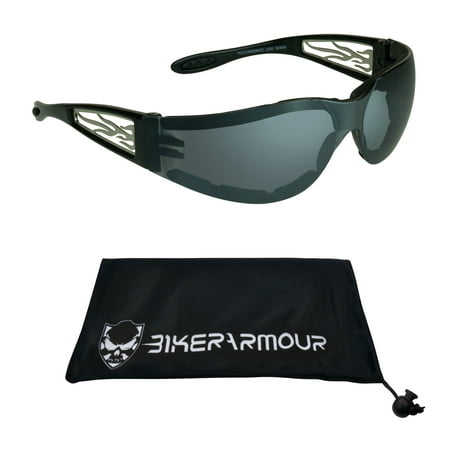 Motorcycle Riding Sunglasses with Chrome Flame Temples. Safety Polycarbonate Lens. Wind and Dust Resistant.
