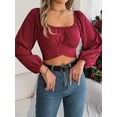 thumbnail image 5 of Women'S Ruched Wrap Square Neck Flounce Long Sleeve Self Tie Crop Top Blouse Wine Red S, 5 of 8