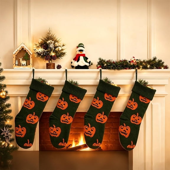Cififendec Halloween Knit Stockings, Dark Green Pumpkin Jacquard Hanging Stockings for Gift Storage and Fireplace Mantel Display, 18"×7.48"