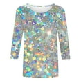 thumbnail image 4 of Women's Summer Sparkle Sequin Tshirt 3/4 Sleeve Casual Crew Neck Dressy Blouses Trendy 2025 Loose Fit Floral Pullover Tops, 4 of 5