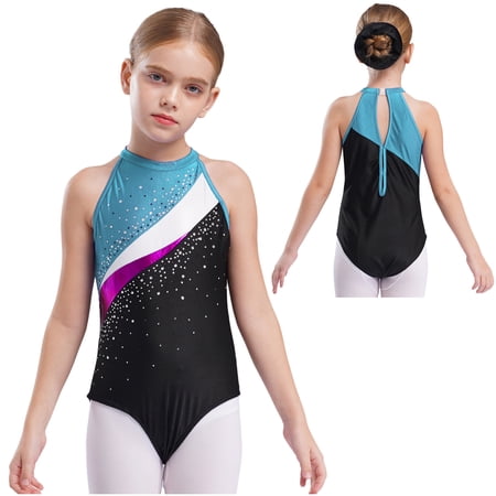 iiniim Kids Girls Ballet Dance Outfit Shiny Rhinestone Camisole with Hair Band Gymnastic 6-16 Lake Blue 16