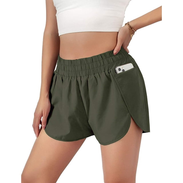 Womens Quick-Dry Running Shorts Sport Layer Elastic Waist Active Workout Shorts with Pockets