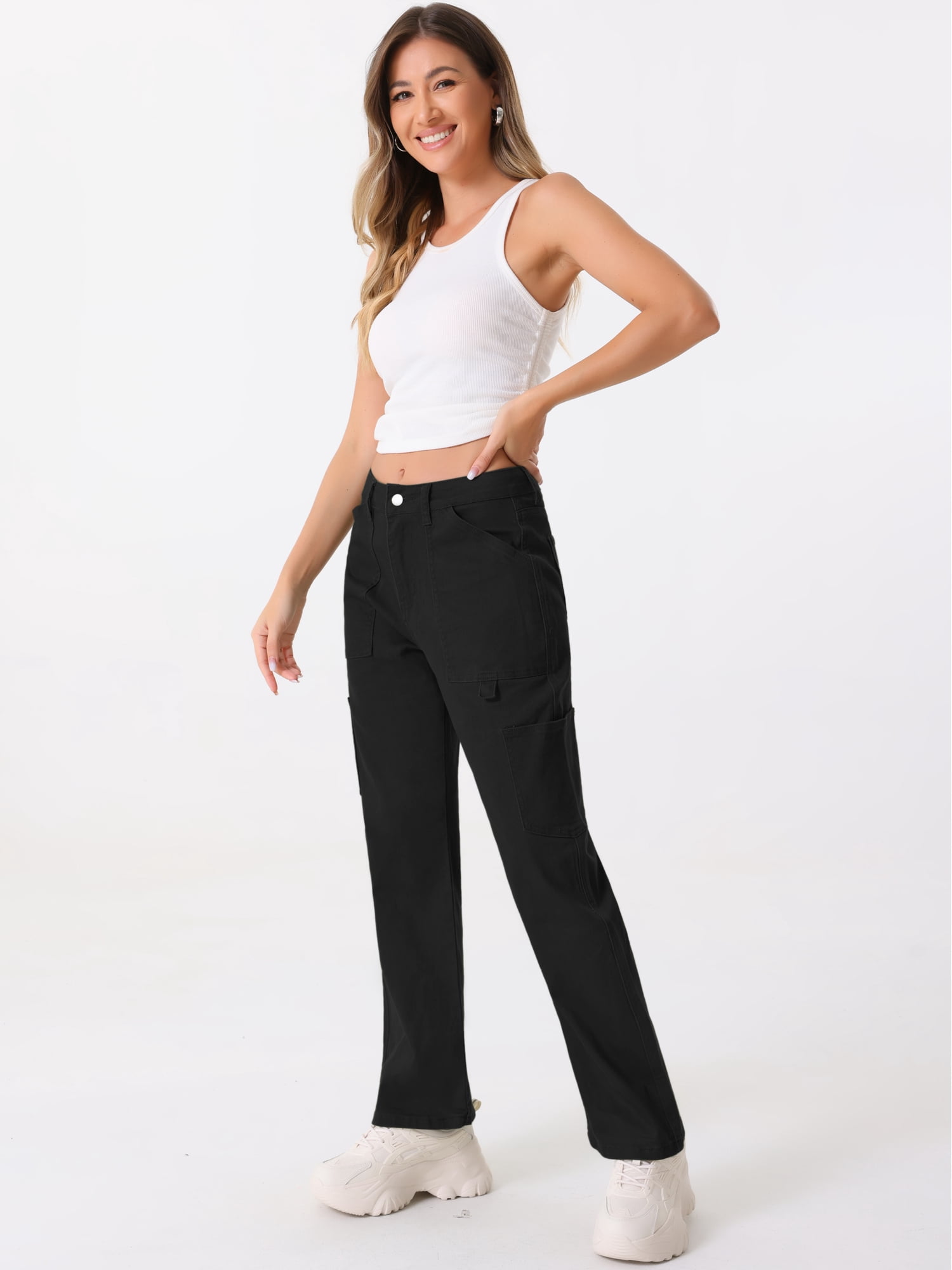 DARING DIVA Women's High Waist Baggy Y2K Street Cargo Pants with Pockets XL Black